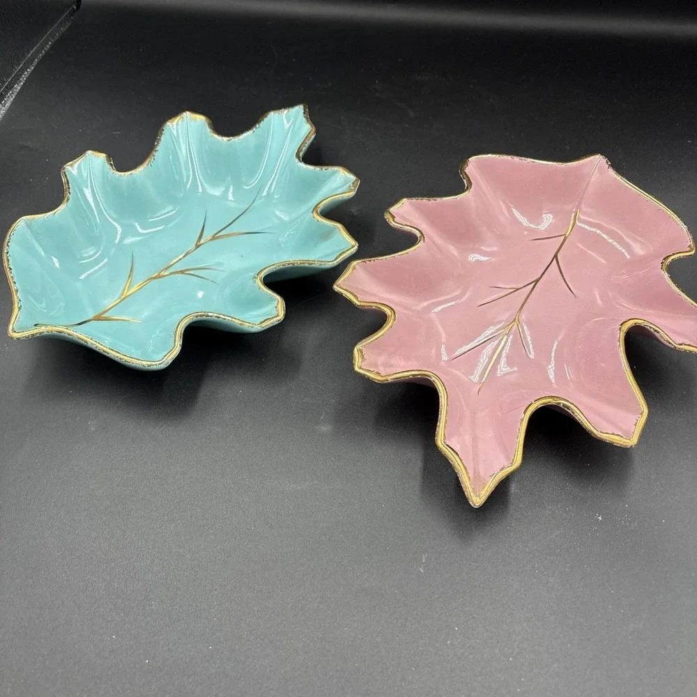 CA Pottery Leaf Dish Set 2  Pink &Turquoise Blue Gold Trim USA VTG  #632 MCM 10